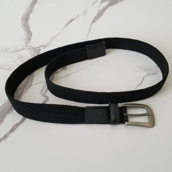 Black Woven Fabric Belt with Brushed Nickel Buckle & Faux Leather Tabs - 34/36 - Picture 4 of 10